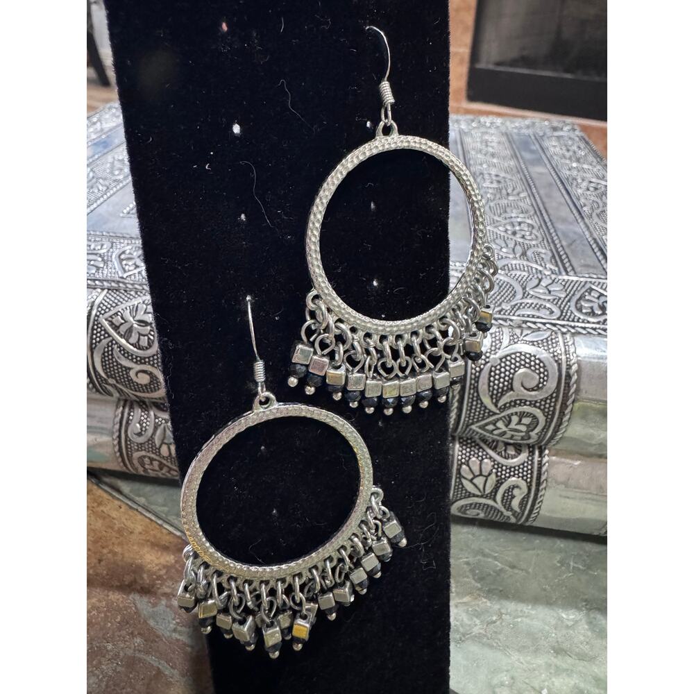 Boho Silver-Tone Hammered Hoop Fringe Earrings